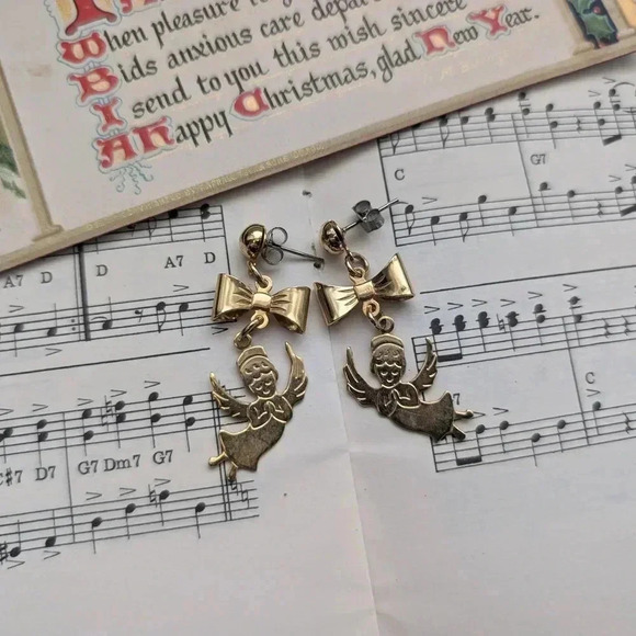 Gold Angel Bow Earrings - Picture 3 of 7